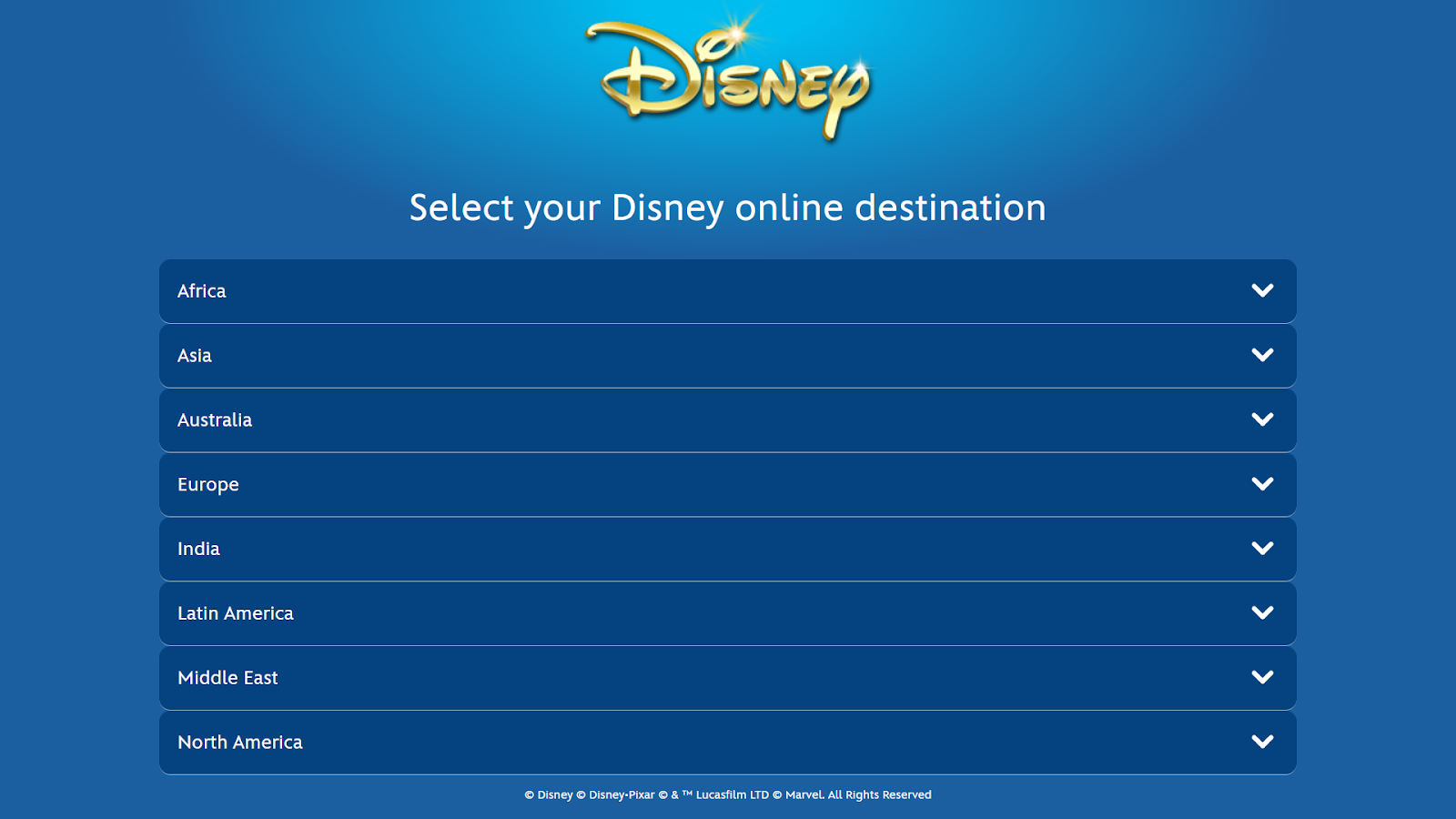 Disney splash page with country/region selection interface showing global market options